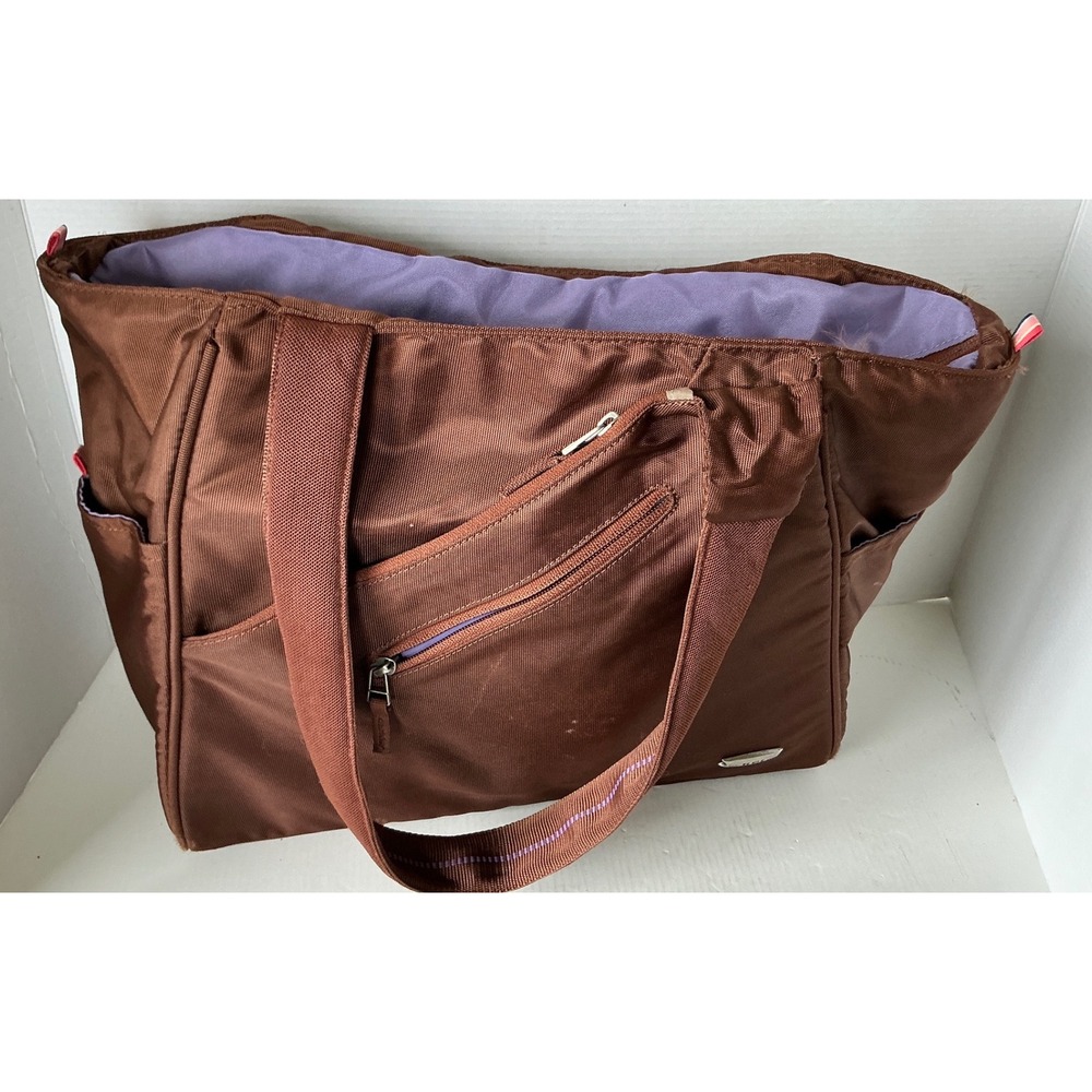 REI Tote Bag Brown Nylon Lavender Interior Multi-Pocket Shoulder Bag Large